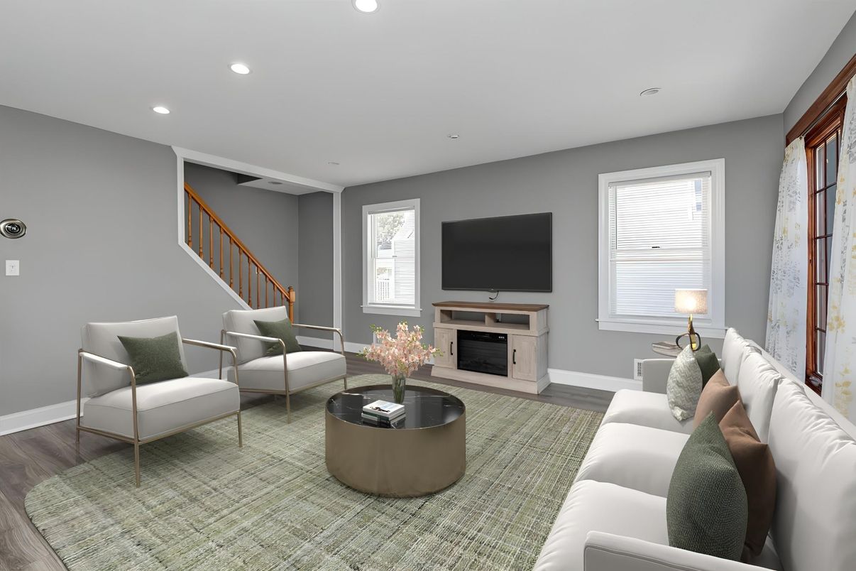 Fireplace, Interior, Living room, Recessed Lighting, Wood Texture Flooring