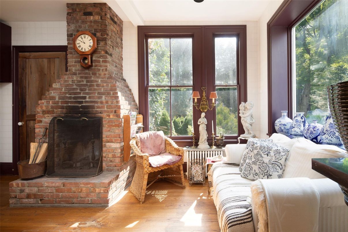 Fireplace, Interior, Living room, Stone Walls, Wood Texture Flooring