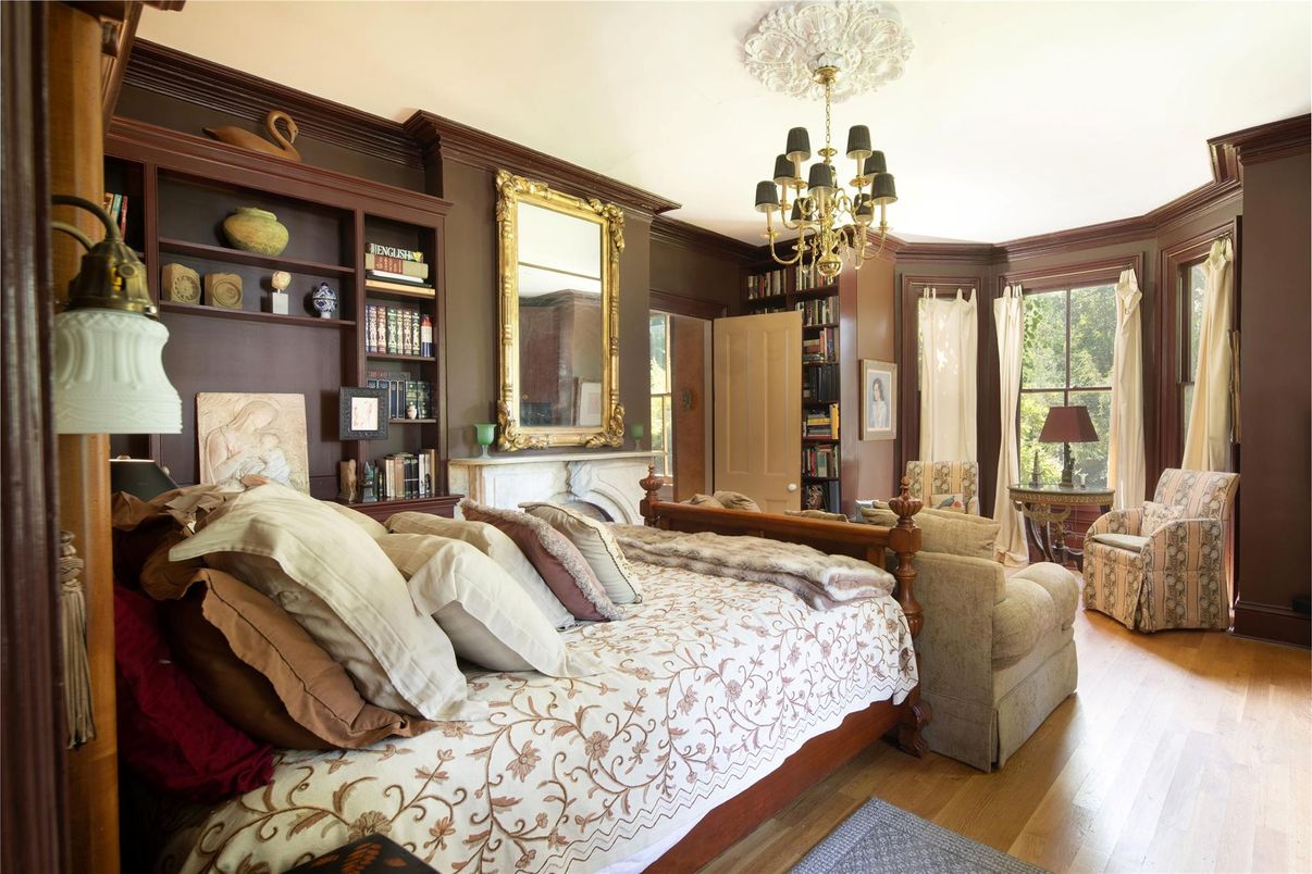 Bedroom, Chandelier, Fireplace, Interior, Wood Texture Flooring