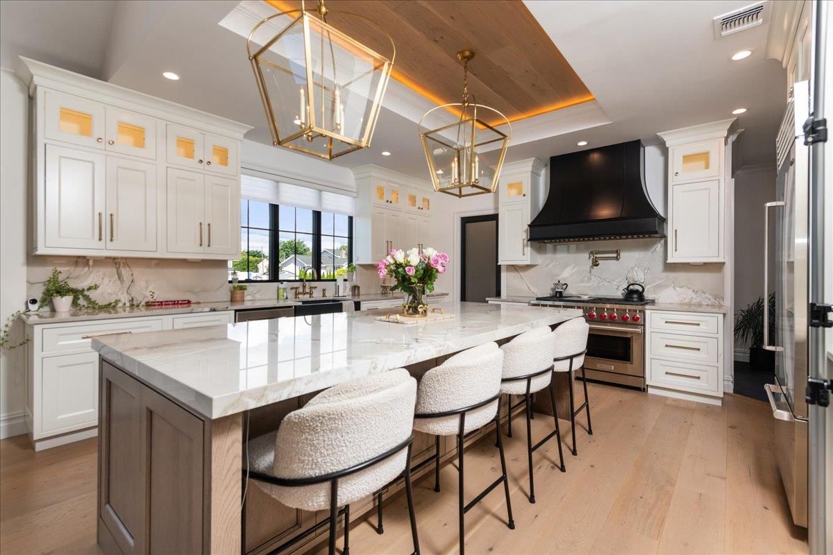Interior, Kitchen, Pendant Lights, Recessed Lighting, Stainless Steel Appliances, Wooden Ceilings, Wood Texture Flooring