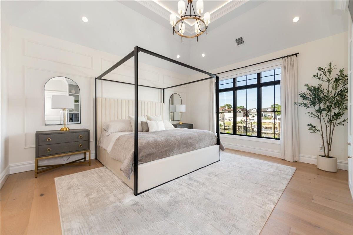 Bedroom, Interior, Pendant Lights, Recessed Lighting, Wood Texture Flooring