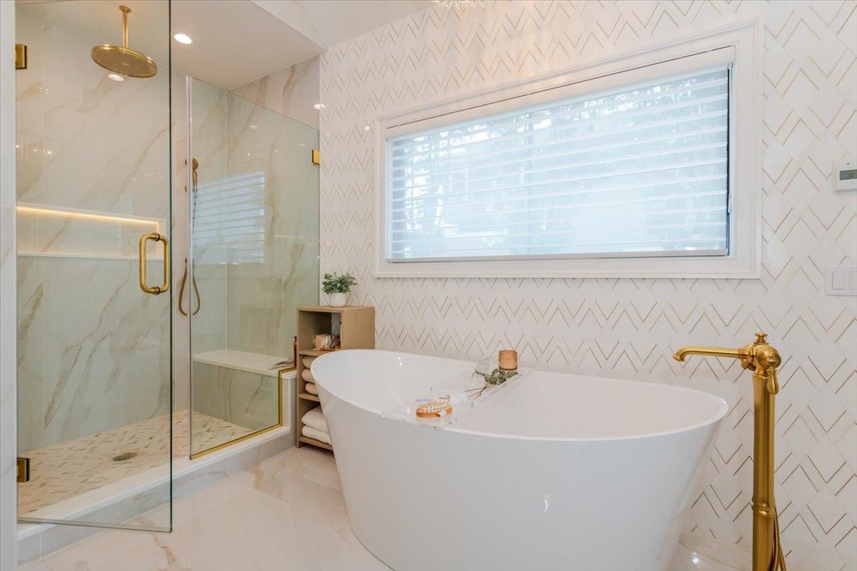 Bathroom, Free Standing Baths, Glass Shower, Interior, Marble Walls, Recessed Lighting