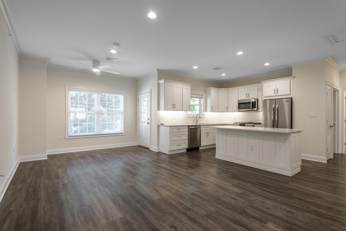 Interior, Kitchen, Recessed Lighting, Stainless Steel Appliances, Wood Texture Flooring