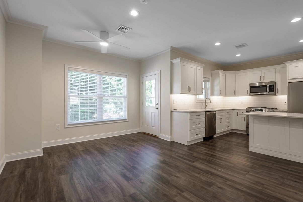 Interior, Kitchen, Recessed Lighting, Stainless Steel Appliances, Wood Texture Flooring