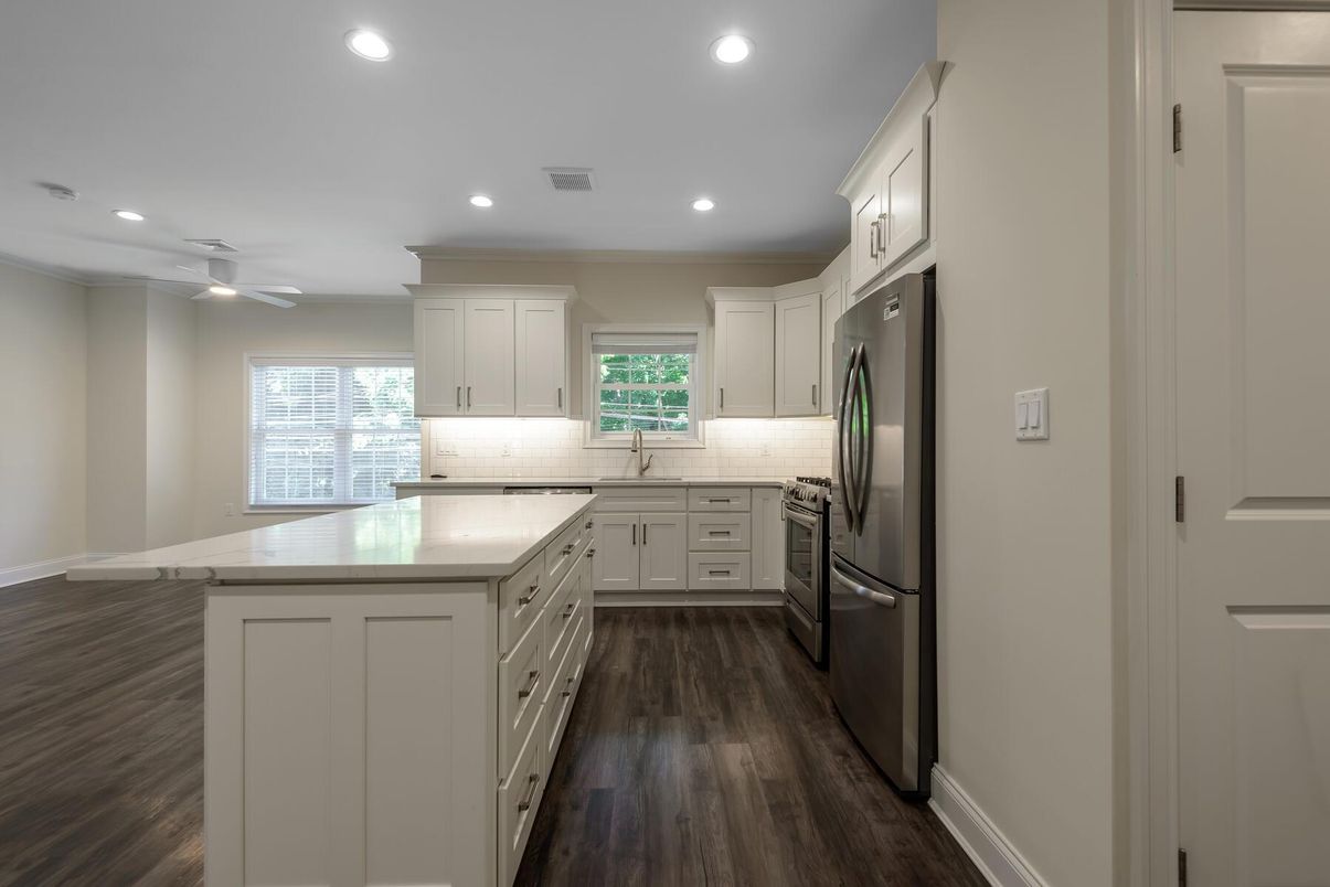 Interior, Kitchen, Recessed Lighting, Stainless Steel Appliances, Wood Texture Flooring