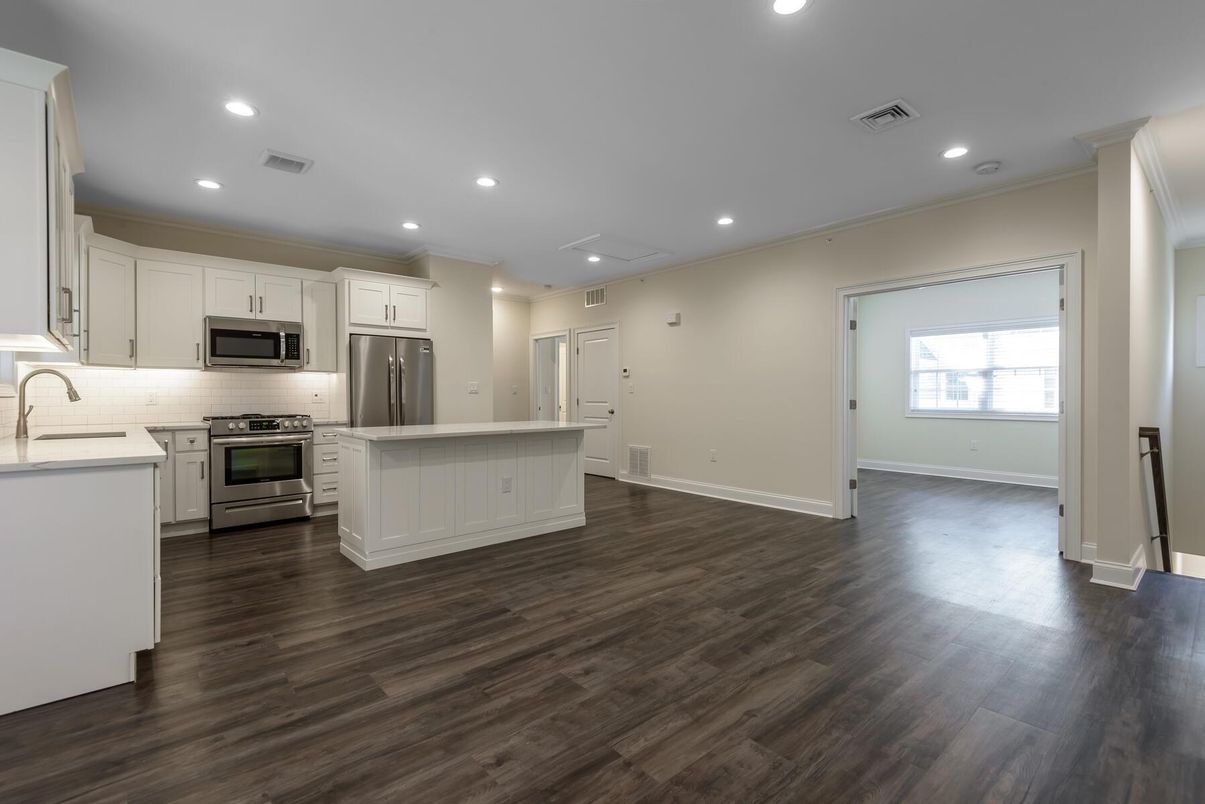 Interior, Kitchen, Recessed Lighting, Stainless Steel Appliances, Wood Texture Flooring