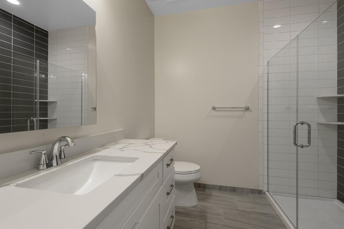 Bathroom, Glass Shower, Interior, Recessed Lighting, Wood Texture Flooring