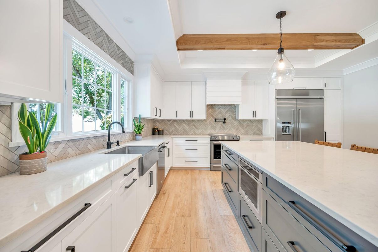 Interior, Kitchen, Pendant Lights, Recessed Lighting, Stainless Steel Appliances, Wooden Beams, Wood Texture Flooring