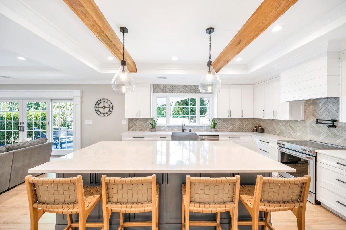 Interior, Kitchen, Pendant Lights, Recessed Lighting, Stainless Steel Appliances, Wooden Beams, Wood Texture Flooring