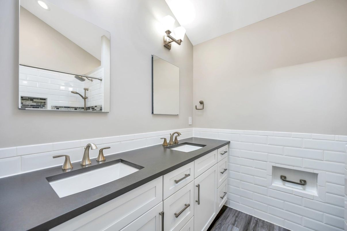 Bathroom, Dual Sink Vanities, Interior, Recessed Lighting, Wood Texture Flooring