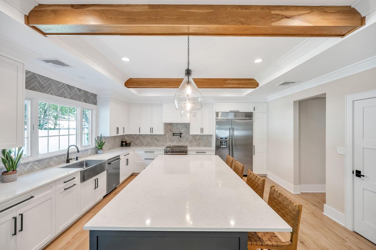 Interior, Kitchen, Pendant Lights, Recessed Lighting, Stainless Steel Appliances, Wooden Beams, Wood Texture Flooring