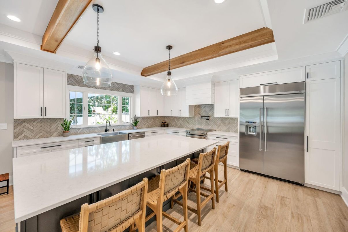 Interior, Kitchen, Pendant Lights, Recessed Lighting, Stainless Steel Appliances, Wooden Beams, Wood Texture Flooring
