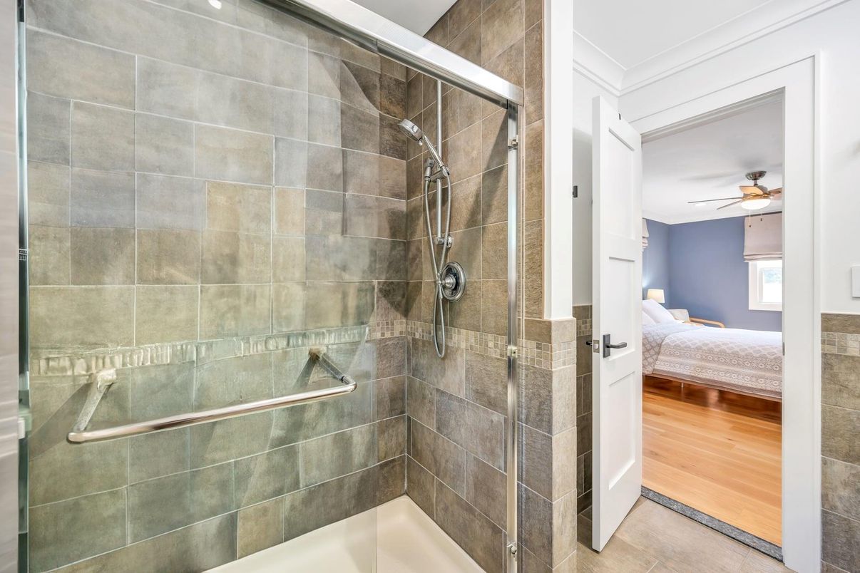 Bathroom, Bedroom, Glass Shower, Interior, Recessed Lighting, Wood Texture Flooring