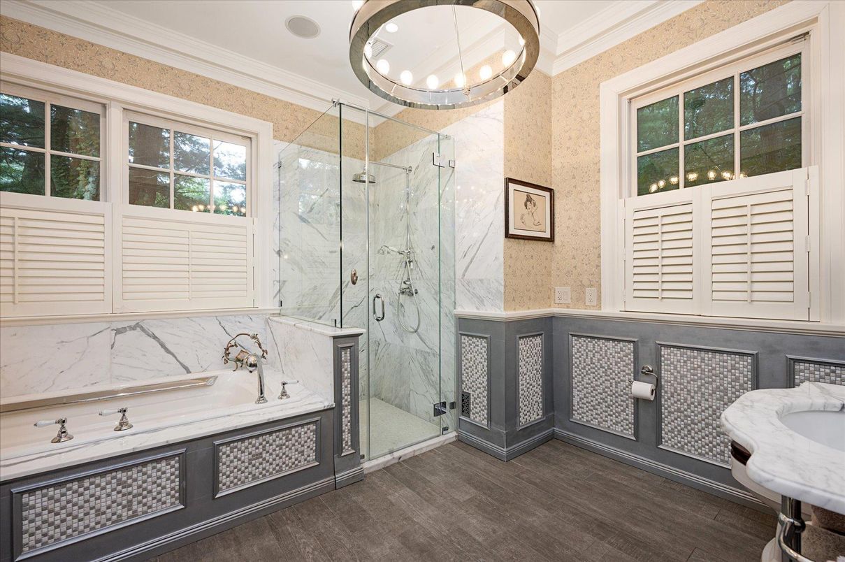 Bathroom, Glass Shower, Interior, Marble Walls, Pendant Lights, Wood Texture Flooring