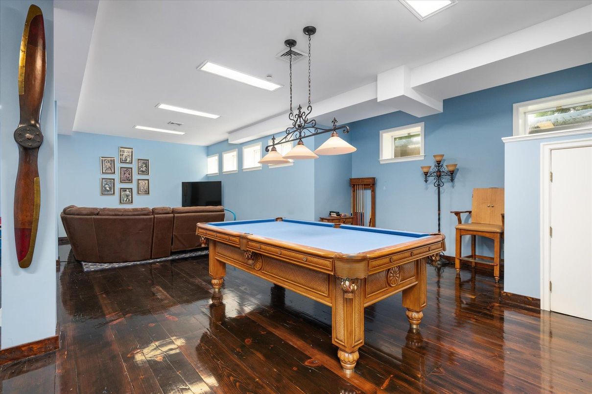 Billiard Table, Game Room, Interior, Pendant Lights, Recessed Lighting, Wood Texture Flooring