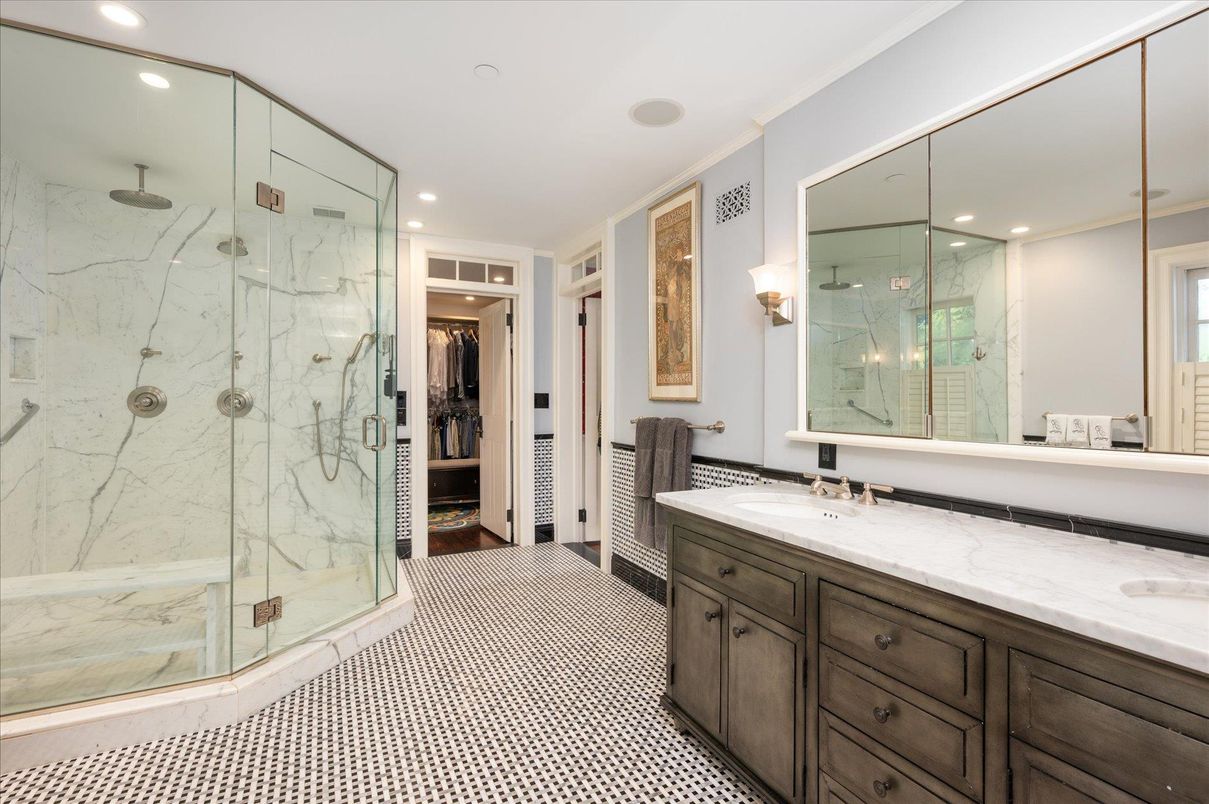 Bathroom, Glass Shower, Interior, Marble Walls, Recessed Lighting