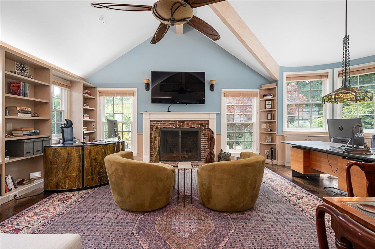 Fireplace, Home Office, Interior, Living room, Pendant Lights, Wooden Beams, Wood Texture Flooring