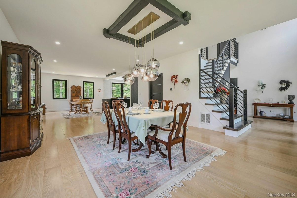 Dining room, Interior, Pendant Lights, Recessed Lighting, Wood Texture Flooring