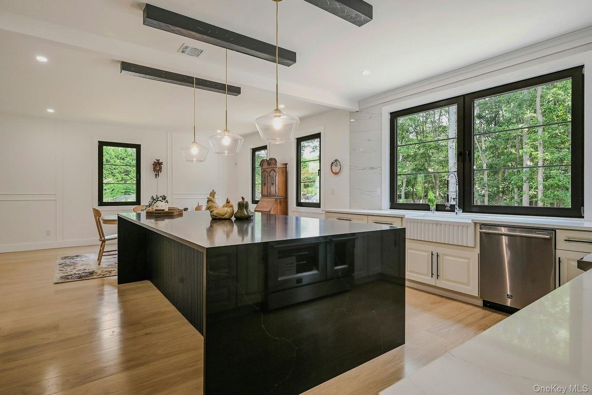 Dining room, Interior, Kitchen, Pendant Lights, Recessed Lighting, Stainless Steel Appliances, Wood Texture Flooring