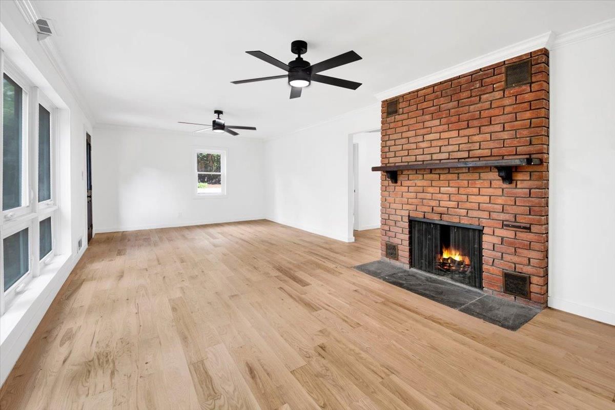 Empty room, Fireplace, Interior, Stone Walls, Wood Texture Flooring