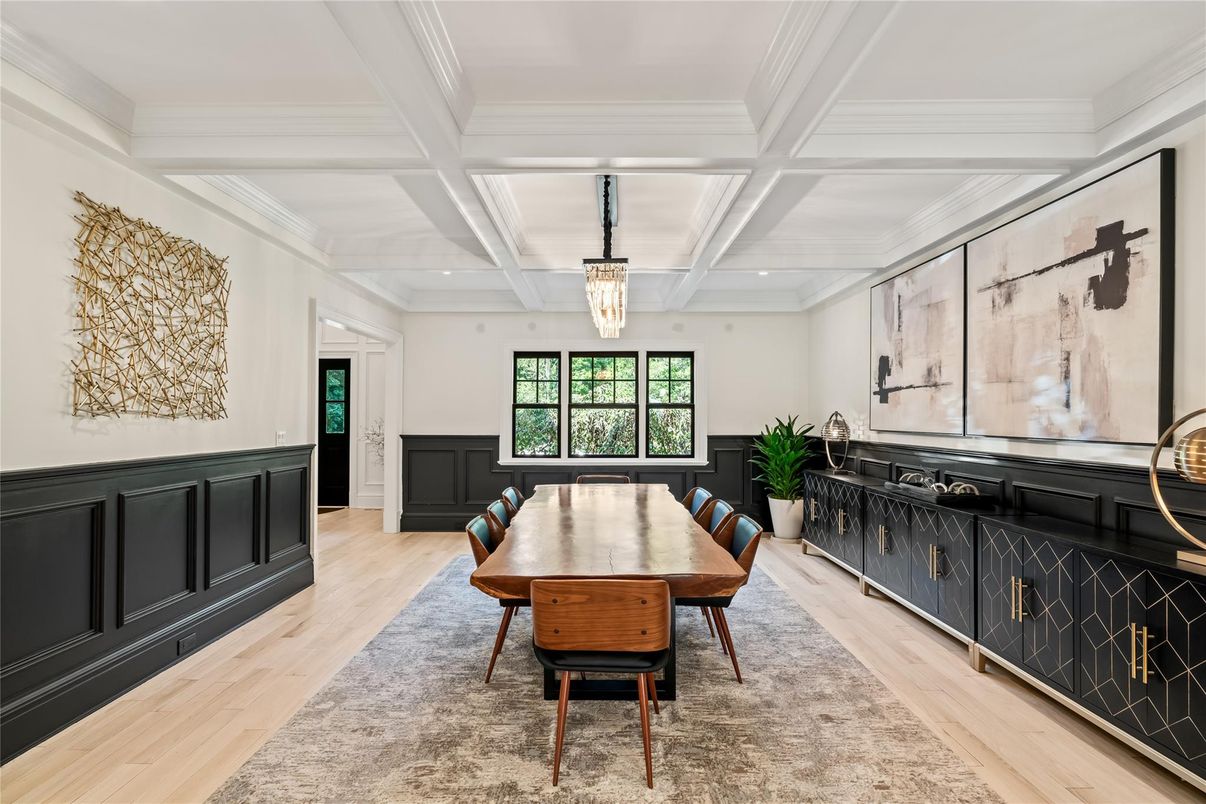 Dining room, Interior, Pendant Lights, Wood Texture Flooring
