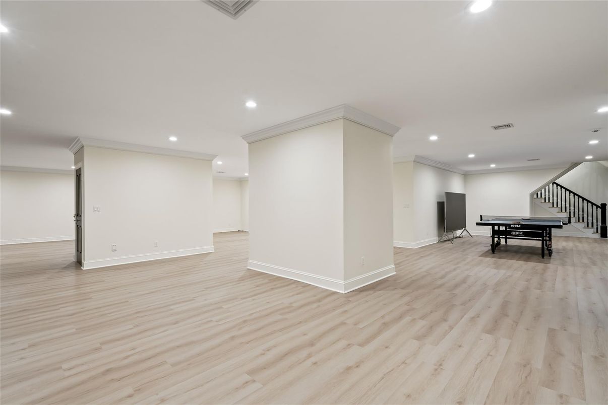 Empty room, Game Room, Interior, Recessed Lighting, Wood Texture Flooring