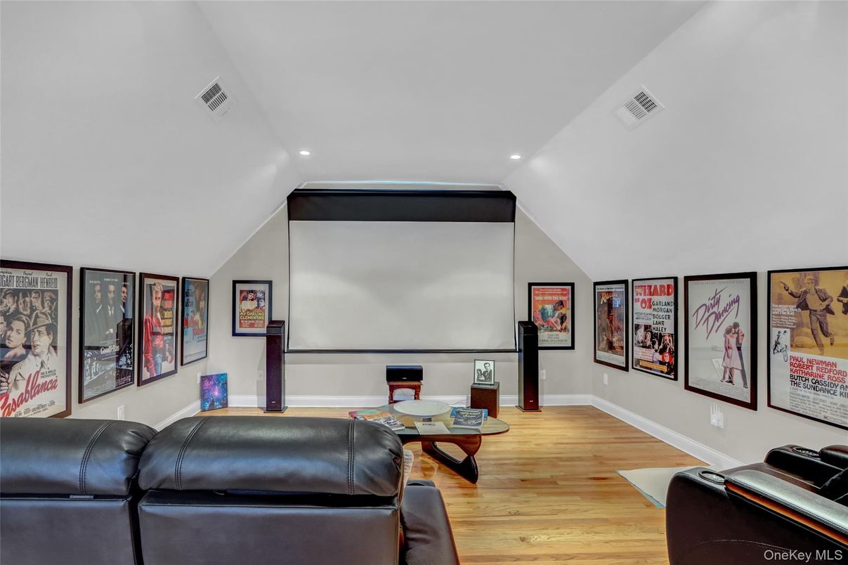 Interior, Projection Screen, Recessed Lighting, Theatre Room, Wood Texture Flooring