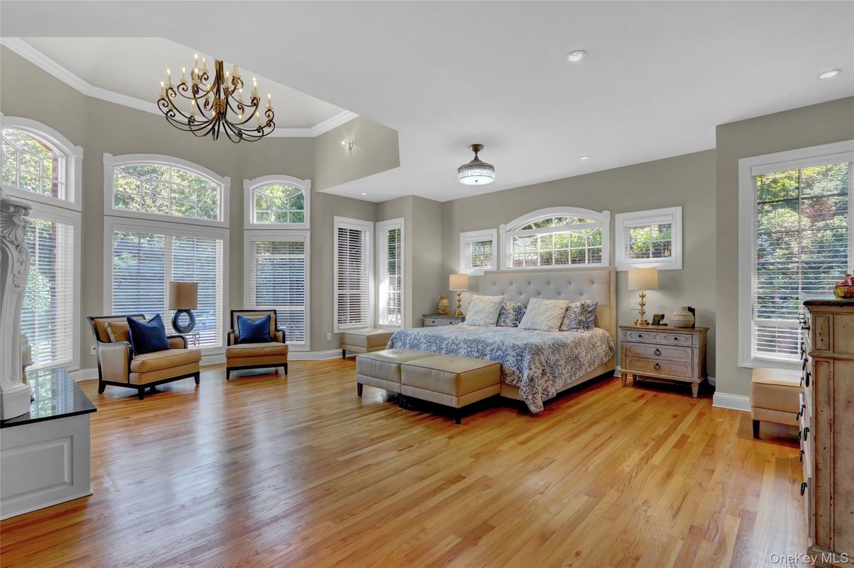 Bedroom, Chandelier, Interior, Recessed Lighting, Wood Texture Flooring