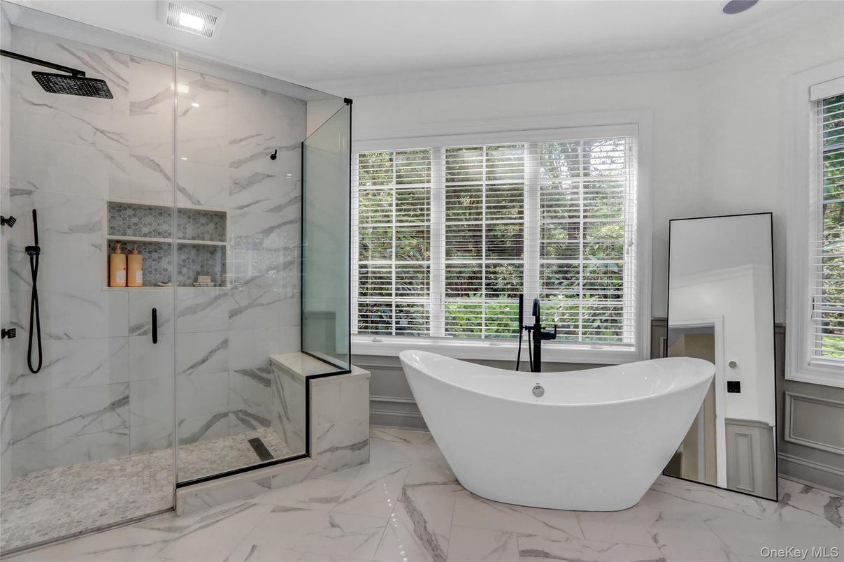 Bathroom, Free Standing Baths, Glass Shower, Interior, Marble, Marble Walls