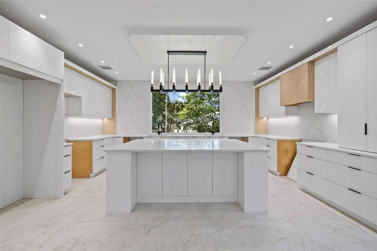 Interior, Kitchen, Marble, Marble Walls, Pendant Lights, Recessed Lighting