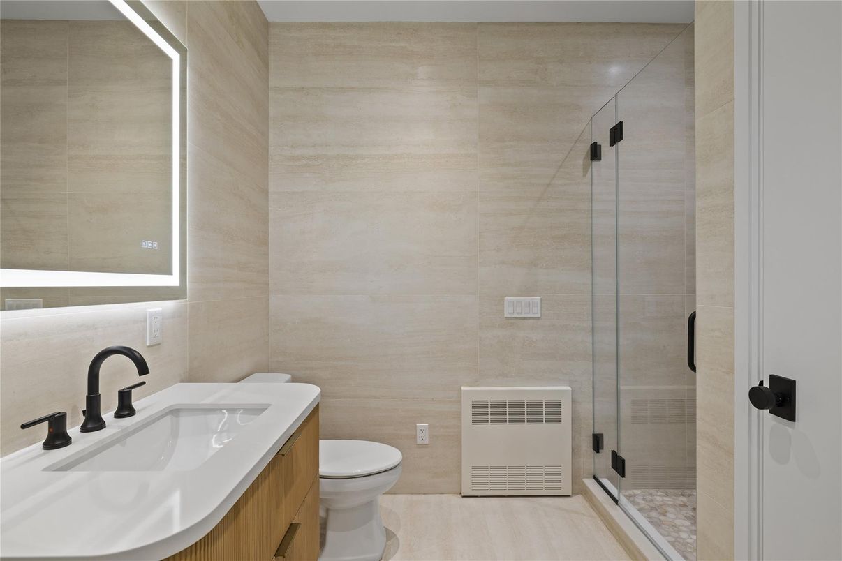 Bathroom, Glass Shower, Interior, Wood Texture Flooring