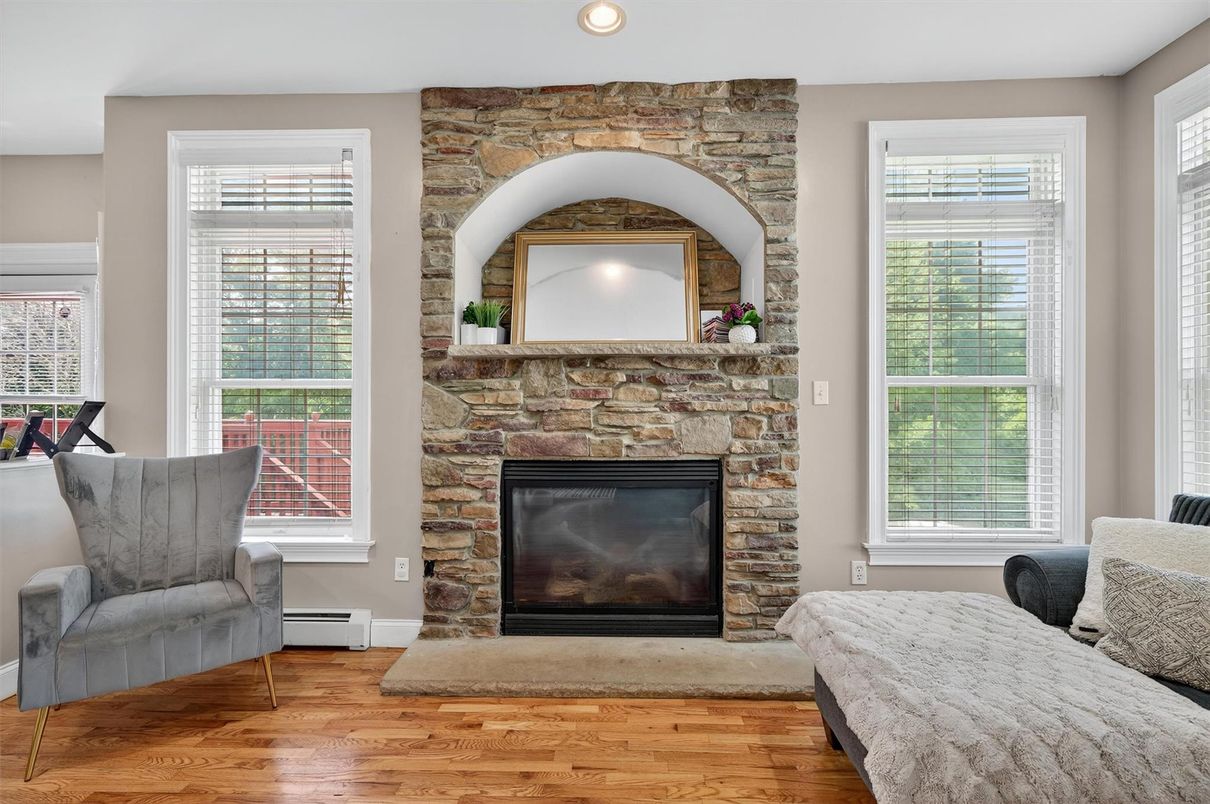 Fireplace, Interior, Recessed Lighting, Stone Walls, Wood Texture Flooring