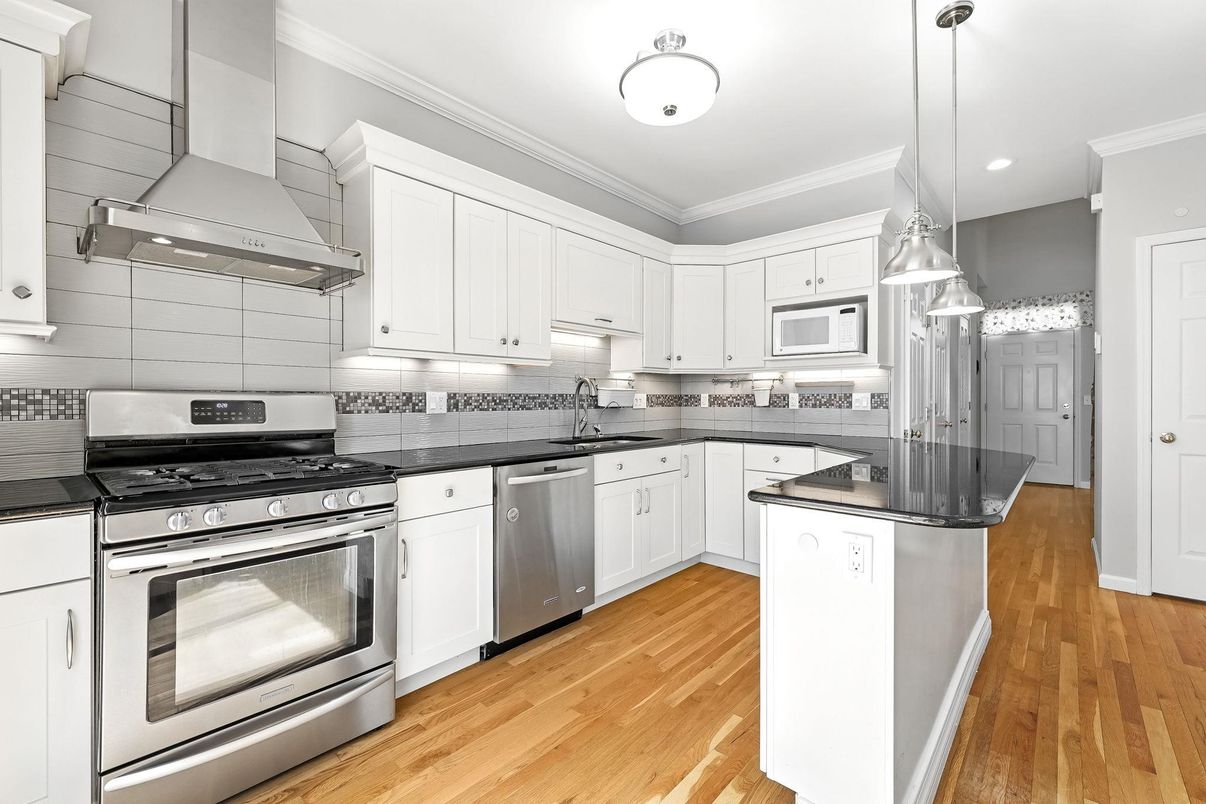 Interior, Kitchen, Pendant Lights, Recessed Lighting, Stainless Steel Appliances, Wood Texture Flooring