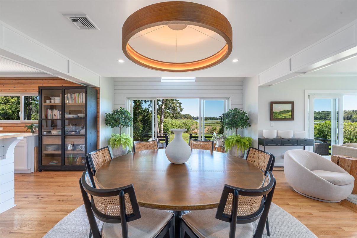 Dining room, Interior, Pendant Lights, Recessed Lighting, Wood Texture Flooring
