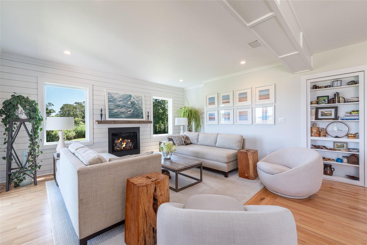 Fireplace, Interior, Living room, Recessed Lighting, Wood Texture Flooring