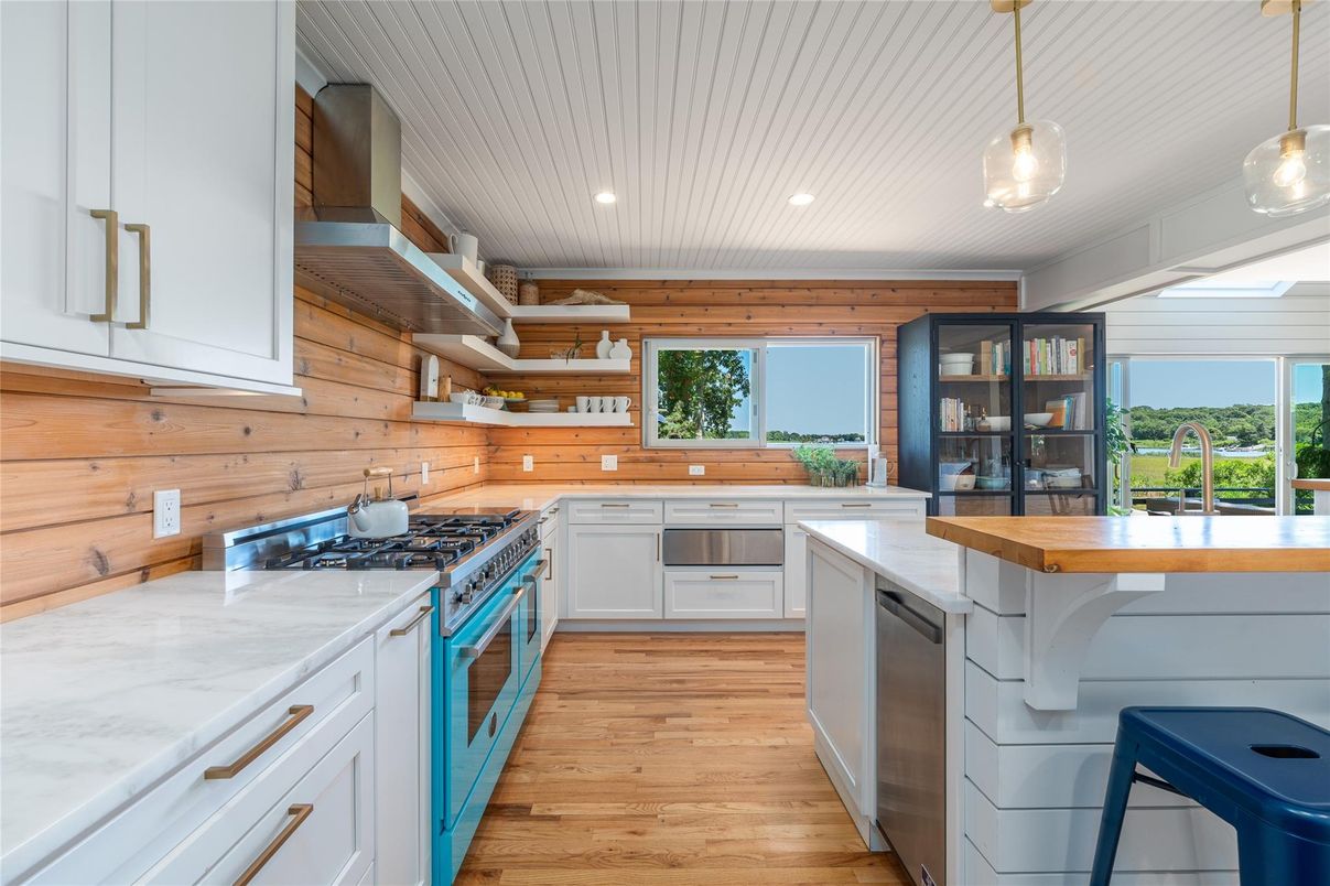 Interior, Kitchen, Pendant Lights, Recessed Lighting, Stainless Steel Appliances, Wood Texture Flooring, Wooden Walls