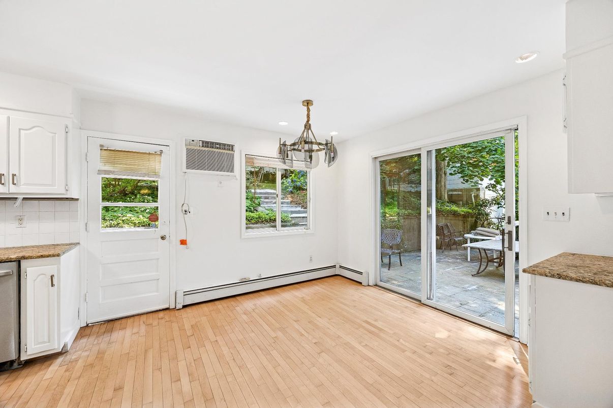 Empty room, Interior, Kitchen, Pendant Lights, Recessed Lighting, Wood Texture Flooring