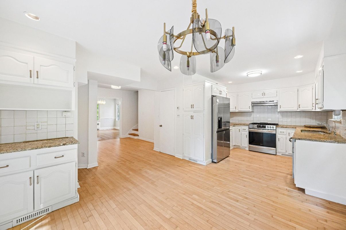 Chandelier, Interior, Kitchen, Recessed Lighting, Stainless Steel Appliances, Wood Texture Flooring