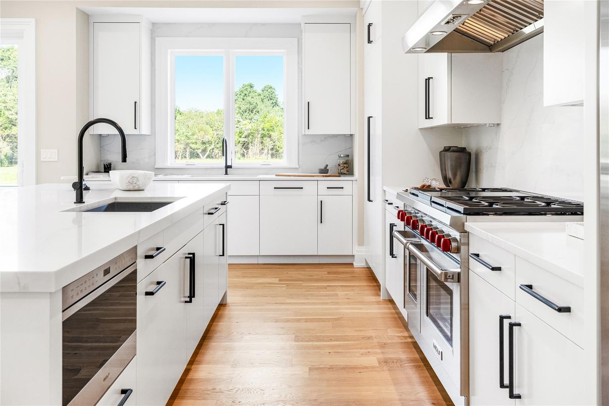 Interior, Kitchen, Marble Walls, Stainless Steel Appliances, Wood Texture Flooring
