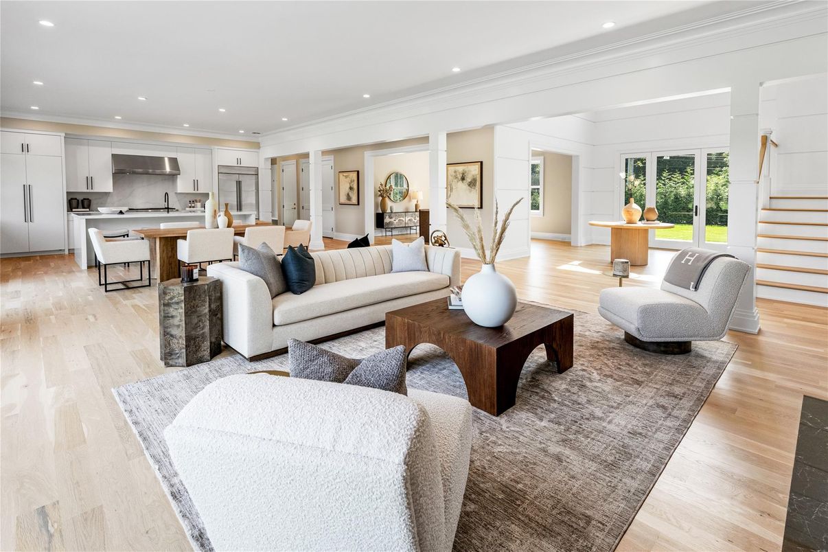 Dining room, Interior, Kitchen, Living room, Recessed Lighting, Stainless Steel Appliances, Wood Texture Flooring