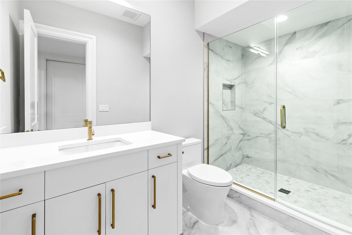 Bathroom, Glass Shower, Interior, Marble, Marble Walls, Recessed Lighting