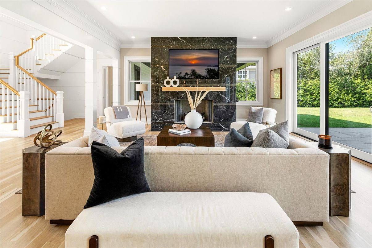 Bedroom, Fireplace, Interior, Living room, Recessed Lighting, Wood Texture Flooring