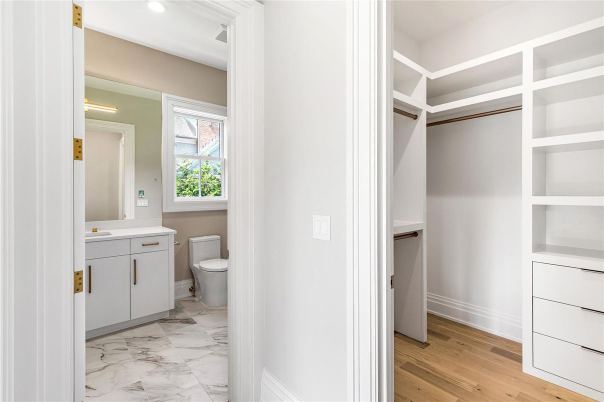 Bathroom, Interior, Marble, Recessed Lighting, Walk-in Closets, Wood Texture Flooring
