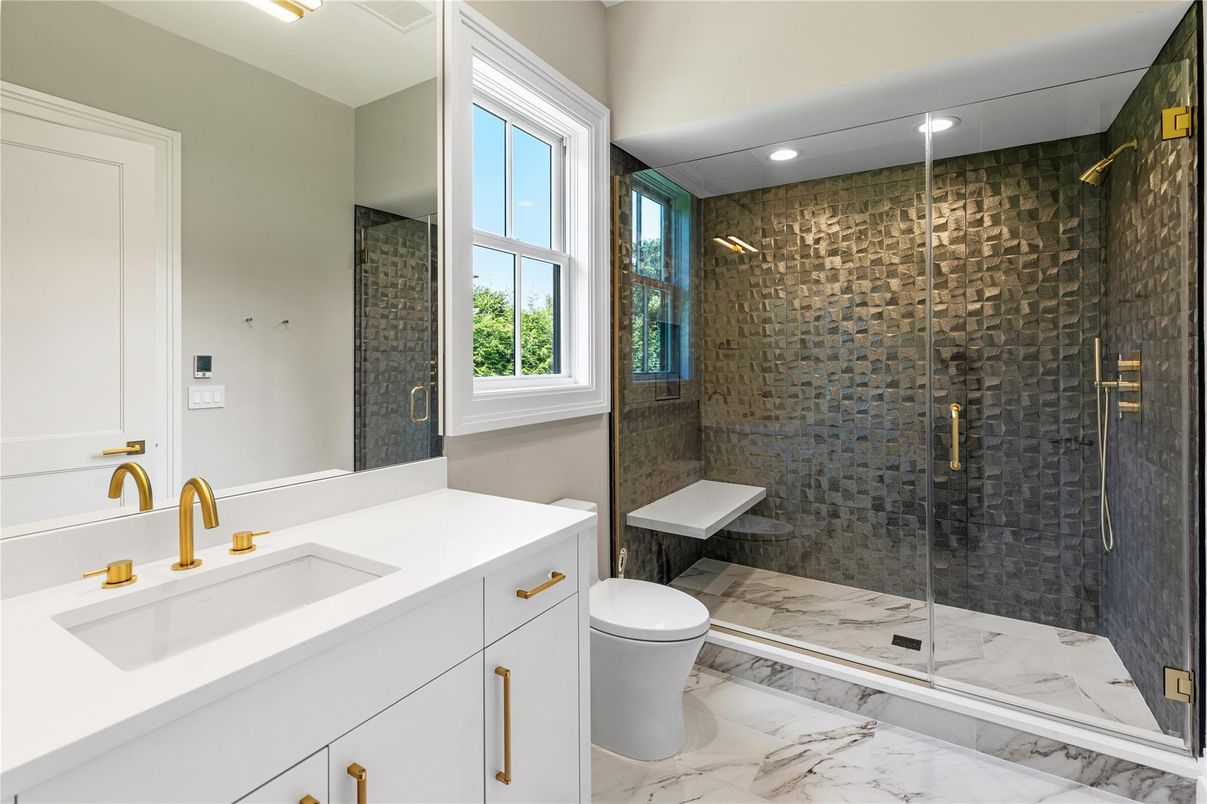 Bathroom, Glass Shower, Interior, Marble, Recessed Lighting
