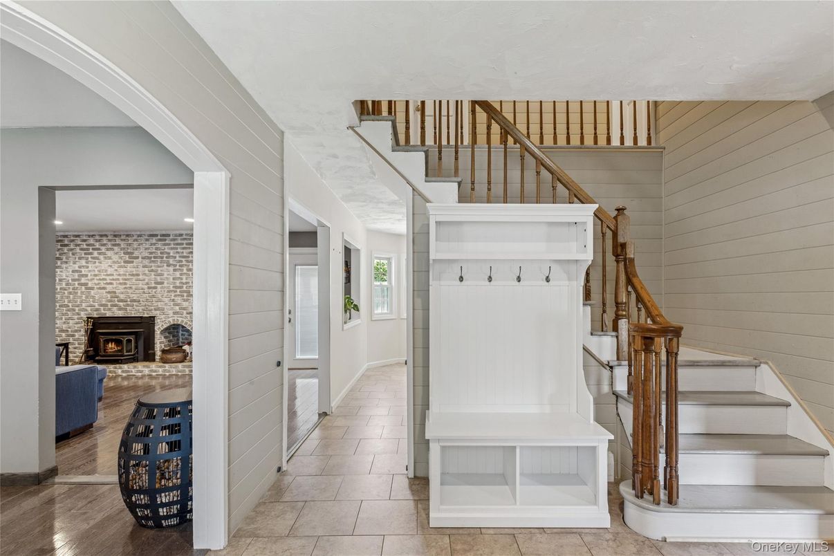 Fireplace, Interior, Recessed Lighting, Stone Walls
