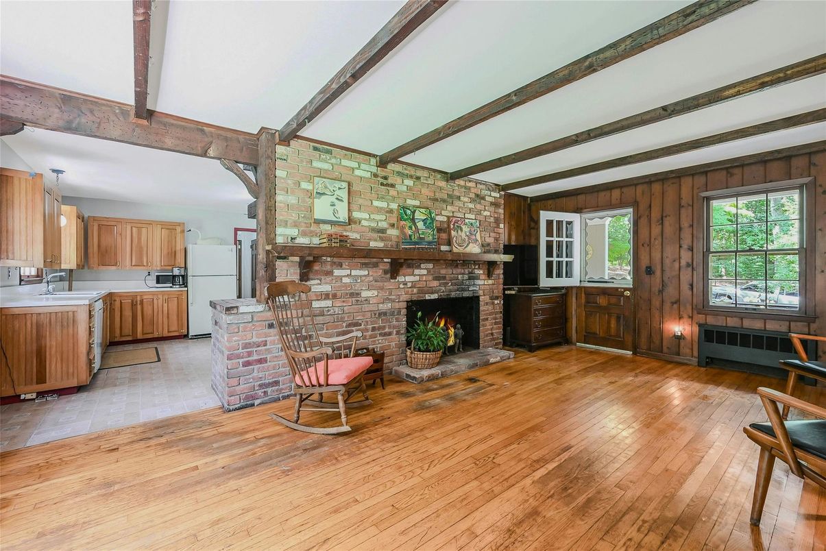 Fireplace, Interior, Kitchen, Stone Walls, Wooden Beams, Wood Texture Flooring, Wooden Walls