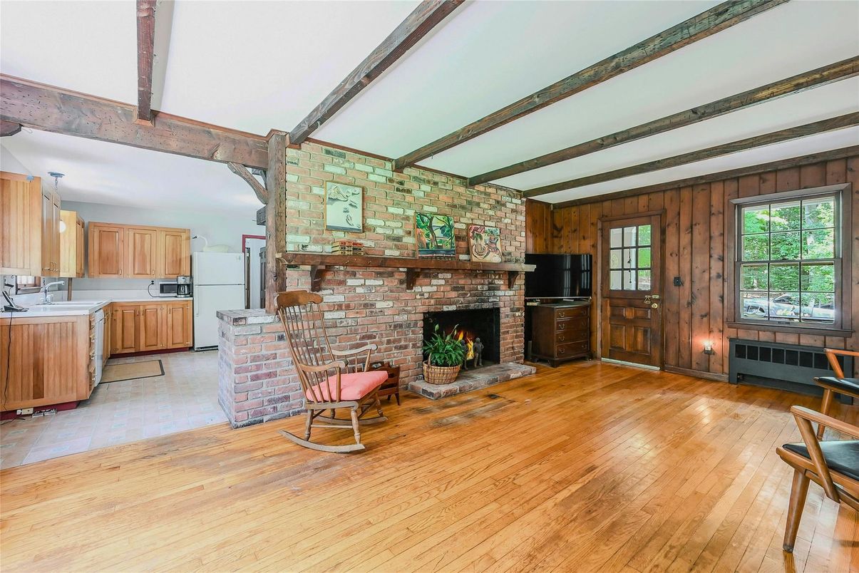 Fireplace, Interior, Kitchen, Stone Walls, Wooden Beams, Wood Texture Flooring, Wooden Walls