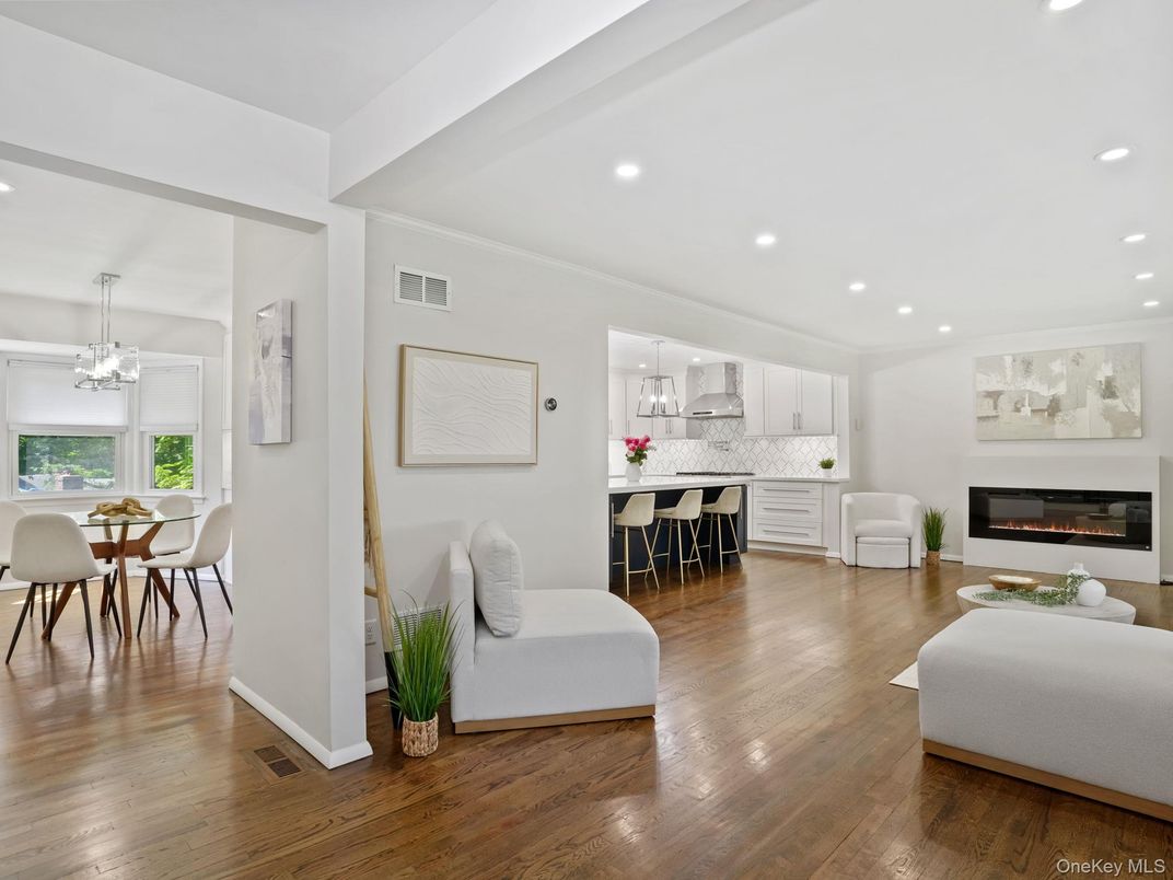 Chandelier, Dining room, Fireplace, Interior, Kitchen, Pendant Lights, Recessed Lighting, Wood Texture Flooring