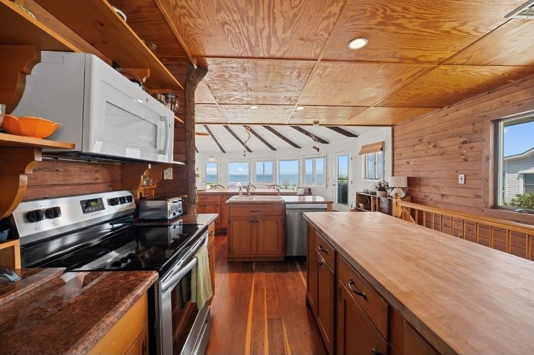 Interior, Kitchen, Recessed Lighting, Water, Wooden Beams, Wooden Ceilings, Wood Texture Flooring, Wooden Walls