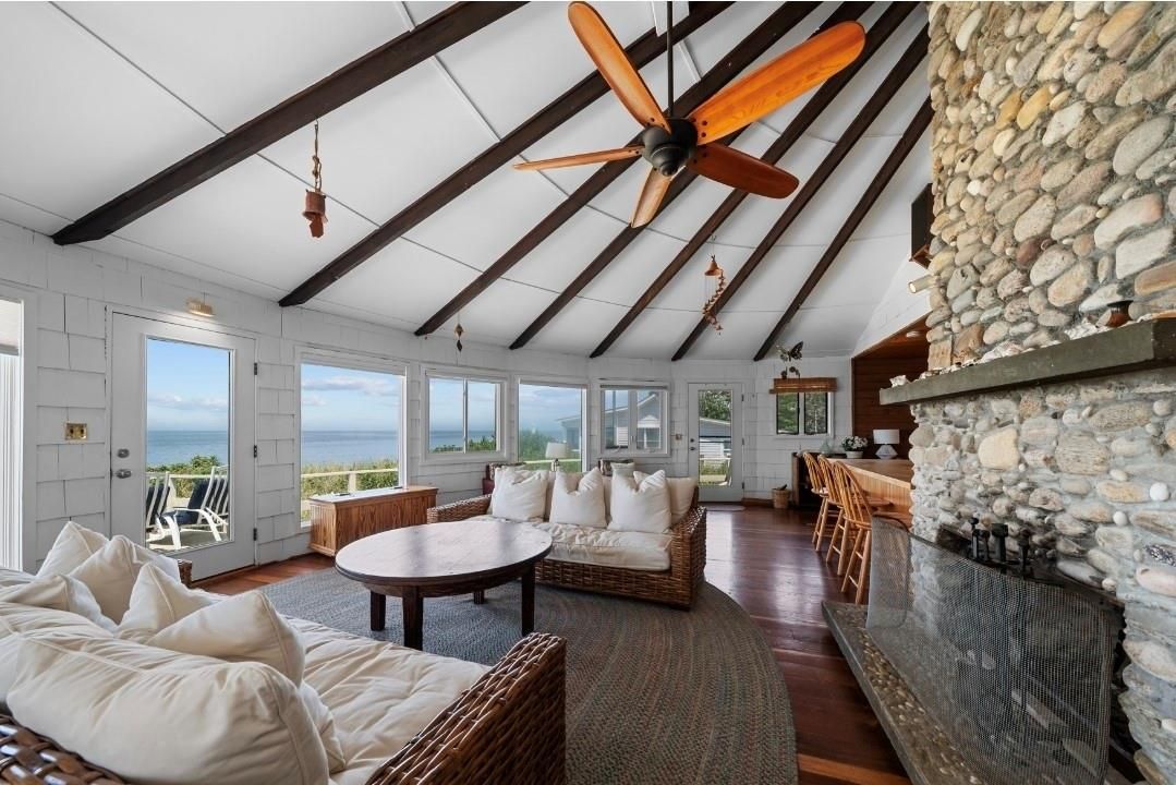 Fireplace, Interior, Living room, Stone Walls, Water, Wooden Beams, Wood Texture Flooring